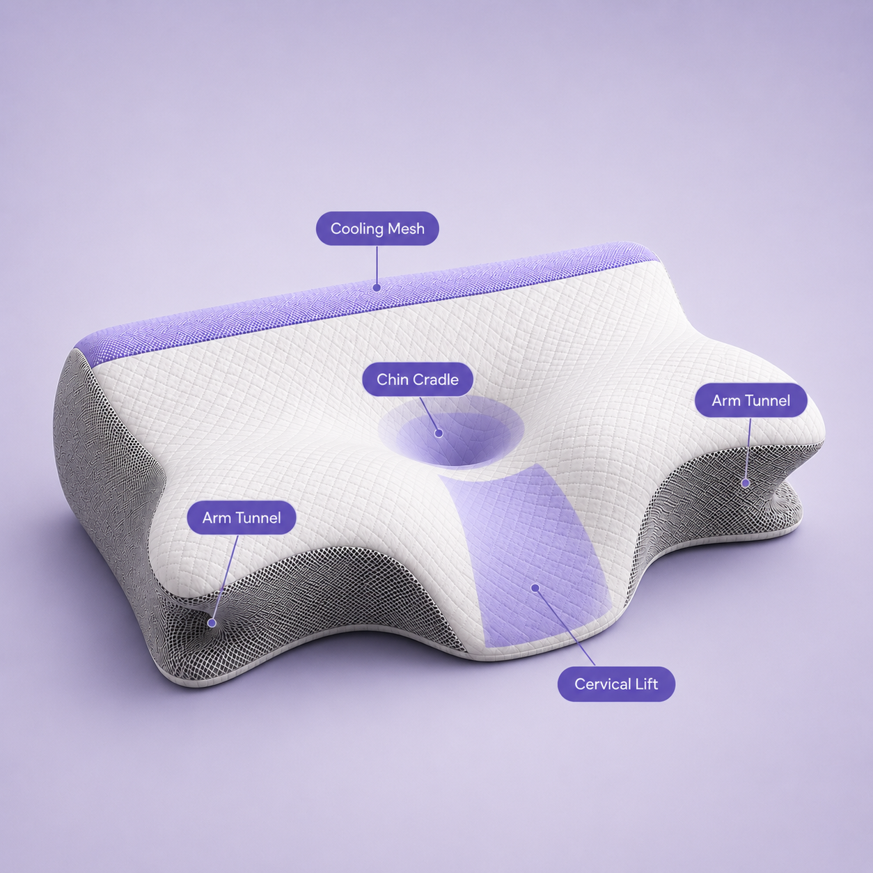 Anchor pillow showing cooling mesh, chin cradle, head support zone, and ArmTunnel channels